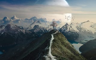 Картинка гора, фантастика, фантастические, дерево, луна