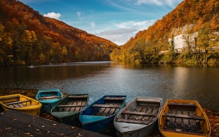 Картинка осень, осенние, время года, сезоны, сезонные, вода, озеро, пруд, лодка