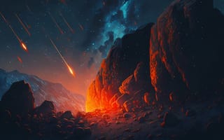 Картинка метеорит, огонь, рисованные, арт, гора, ночь