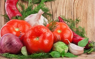 Картинка Vegetables, чеснок, перец, dill, капуста, pepper, укроп, овощи, garlic, cabbage, лук, tomato, помидор, cutting board, onions, разделочная доска