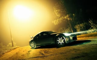 Картинка Nissan 350z, дорога, свет фар, лес, туман