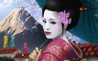 Картинка арт, фудзияма, гора, грим, сакура, зонт, азия, гейша, кимоно, девушка, Ryan Jones