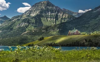 Картинка Национальный парк Уотертон озеро, Альберта, Канада, принца Уэльского Hotel, озеро, небо, цветы, горы, облака