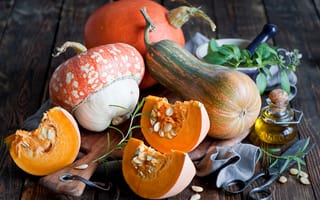 Картинка осень, овощи, Anna Verdina, ножницы, бутылочка, масло, тыквы, листья, розмарин
