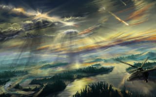 Картинка живопись, тунгуска, река, облака, небо, вертолет, пейзаж, лучи
