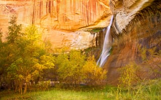 Картинка США, Lower Falls, водопад, скала, горы, Юта, осень, Grand Staircase-Escalante National Monument, Calf Creek