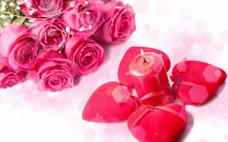 Обои свеча, букет, сердца, красные, цветы, розы, розовые