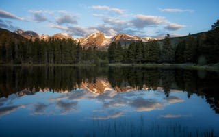 Картинка Sprague Lake, горы, Rocky Mountain National Park, отражение, Colorado, озеро, лес