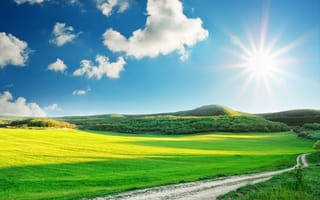 Картинка Пейзаж, небо, дорога, трава, арт, горы, солнце