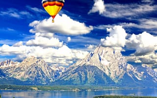 Картинка USA, Air-Balloon, путешествие, пейзаж, Grand Teton National Park, Америка, облака, красочный, небо, водоём, воздушный шар, горы, Вайоминг, скалистые