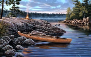 Картинка Rick Kelley, еноты, костер, лодка, животные, утки, The Little Rascals, утро, живопись, река, енот, туман, камни