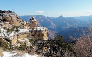 Картинка Гранд-Каньон, снег, штат Аризона, камень, зима, сланцы, редкие деревья, Grand Canyon, Большой каньон, плато Колорадо, Великий каньон, США, песчаник