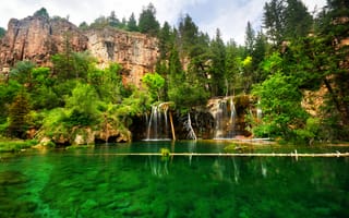 Картинка США, водопад, скалы, озеро, Colorado, Glenwood Canyon, Hanging Lake, деревья