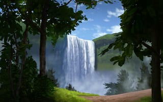 Картинка природа, арт, деревья, водопад, лес, холм