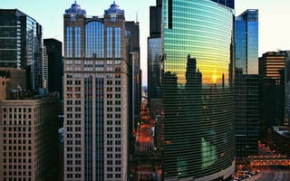 Картинка закат, небоскребы, Чикаго, вечер, здания, Chicago, река