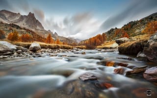 Картинка камни, река, осень, потоки, горы, Альпы