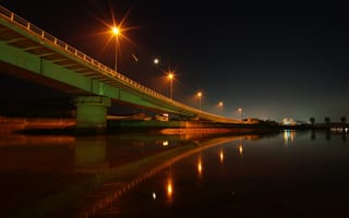Картинка река, ночь, вода, мост, огни