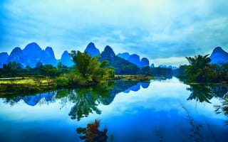 Картинка Китай, горы, река, Гуанси, отражение, Яншо