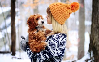 Картинка зима, шапка, животное, собака, девушка