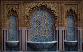 Картинка Casablanca, резьба, арки, архитектура, Marocco, Марокко, мозаика, фонтан, узор