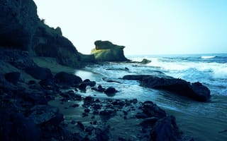 Картинка природа, берег, песок, камни, море, волны