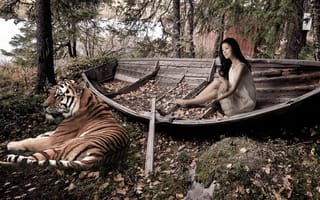 Картинка девушка, тигр, лодка