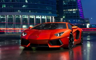 Картинка Ламборджини, здания, ночь, Aventador, красная, Lamborghini