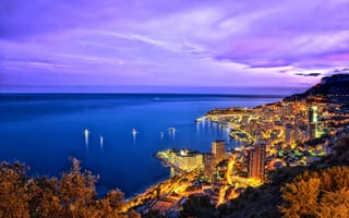 Картинка море, Монако, горизонт, Monte Carlo, огни, ночь, побережье