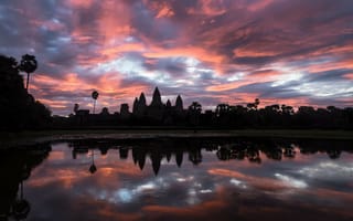 Картинка небо, отражения, Ангкорвоат, Камбоджа, вода, храмовый комплекс, អង្គរវត្ត, утро, Ангкор-Ват