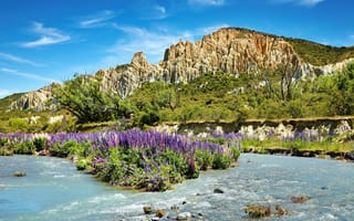 Картинка Highlands lavender, деревья, природа, лаванда, скалистые, небо, цветение, голубое, река, горы