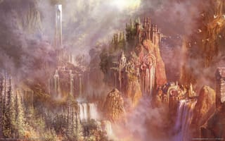 Картинка Aion, птицы, замок, пейзаж, водопад