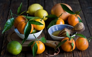 Картинка листья, мандарины, цитрус, фрукты