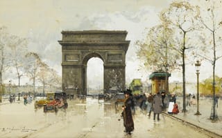 Картинка Eugene Galien-Laloue, люди, улица, Place de Chatale, картина, арка, город