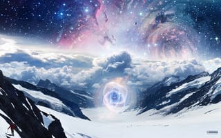 Картинка горы, снег, небо, лыжники, люди, облака, свет, явление, тучи, звёзды
