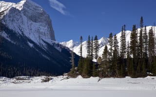 Обои лед, скала, небо, зима, снег, озеро, деревья, горы