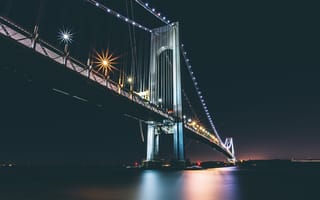 Картинка река, отражение, Нью-Йорк, мост, Соединенные Штаты, огни, зеркало, ночь