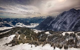Картинка зима, снег, Германия, деревья, Альпы, горы, Берхтесгаден, Бавария, вершины