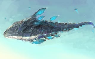 Картинка арт, существо, рыба, кит, в небе, полет, фантастика