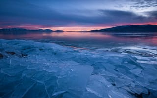Картинка закат, лед, озеро, осколки, холод
