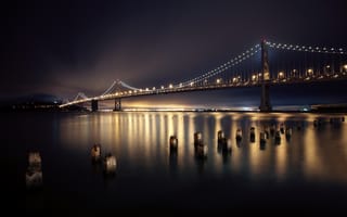 Картинка San Francisco, город, мост, ночь, река, огни