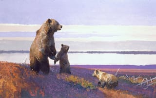 Картинка картина, медведица, Bob Kuhn, животные, медвежата, арт, медведи