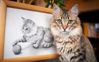 Картинка кошка, рисунок, игра, кот, клубок, картина