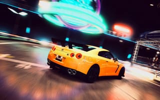 Картинка Nissan, вывески, GT-R, неон, yellow, ночь, поворот, желтый