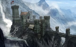 Картинка dragon age 3, форт, inquisition, замок, горы, мост, снег, люди, concept art