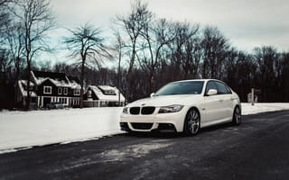 Обои BMW, бмв, 3 серия, E90, white, зима, снег, белый
