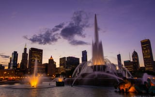 Картинка фонтан, небоскребы, вечер, Чикаго, Иллиноис