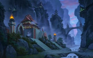 Картинка jade dynasty, туман, город, лестница, вечер, мост, горы