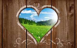 Картинка Heart view, забор, сердце, красивый, тёплый, горы, поляна, landscape, пейзаж, зелёная, деревянный, вид, солнечный