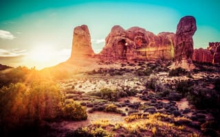 Картинка desert, Sunrise, mountains, rocks