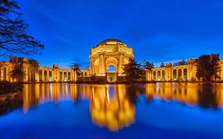 Картинка небо, водоем, аркада, Дворец изящных искусств, ночь, Сан-Франциско, США, архитектура, огни